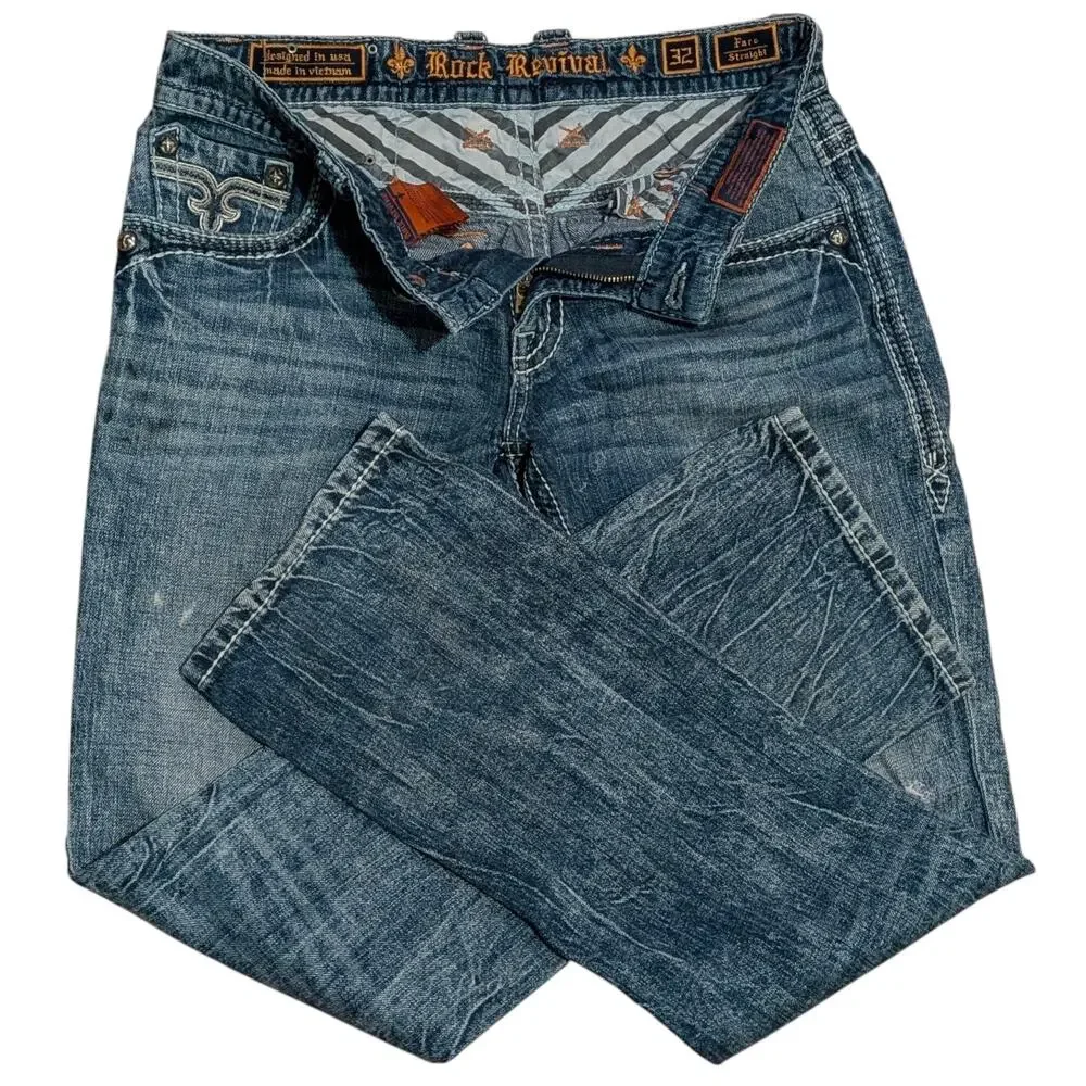 ROCK REVIVAL Faro Straight Leg Denim Jeans Men's 32 Light Blue Wash Y2K